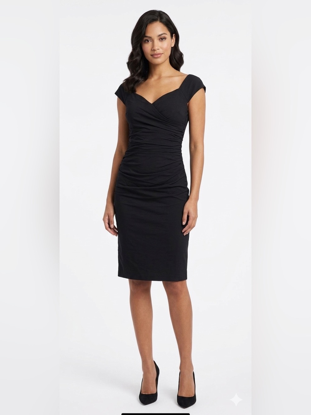 le chateau Black Ruched Cap-Sleeve Midi Dress Sweetheart Neckline Size Medium